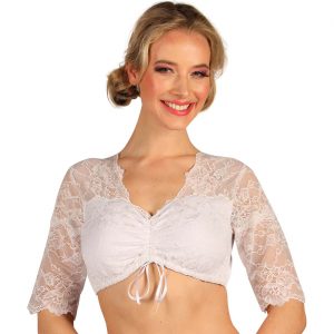 Trachten / Cowgirl Dirndlbluse kurz mit Spitze halblangen Ärmeln verstellbarem Dekollete LORE weiß