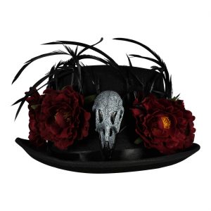 Voodoo Priester Priesterin Zylinderhut mit Federn Rosen und Vogelschädel Deluxe schwarz-dunkelrot