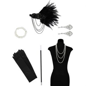 20er Jahre Charleston Schmuck Set+Handschuhe+Stirnband mit Perlenkette Ohrringen Armband Zigarettenspitze schwarz weiß