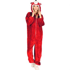 Bär Comicbär Plüschkostüm Overall Plüsch Deluxe mit Kapuze CANDY BEAR neonpink kirschrot rot-weiß