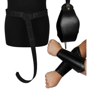 Mittelalterliche / Wikinger Armschienen+Gürtel+Beutel Set Deluxe Lederoptik mit Prägung schwarz