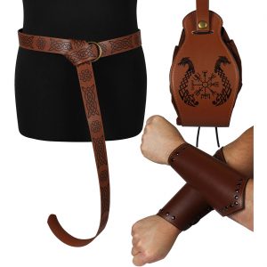 Mittelalterliche / Wikinger Armschienen+Gürtel+Beutel Set Deluxe Lederoptik mit Prägung braun