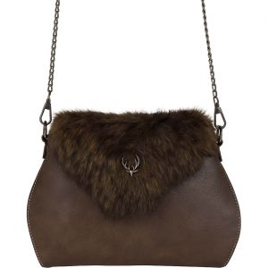 Trachten Handtasche Umhängetasche mit Hirschkopf Plüsch und KettentrageriemenTherese dunkelbraun