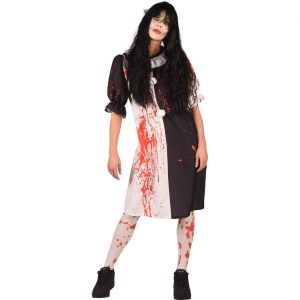 Horror Art Dame Kostüm Kleid kurz Clown Kleid schwarz-weiß mit Kragen blutig weiß-rot