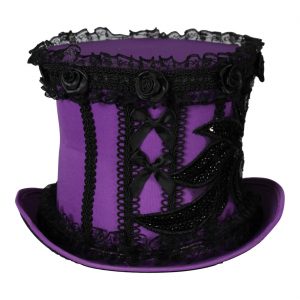 Edeldame Vintage / Gothic Zylinderhut mit Schleier Spitze und Rosen LACE STAR Deluxe lila-schwarz