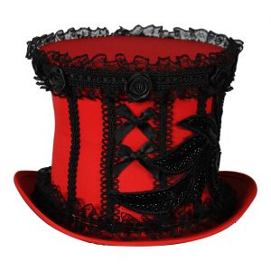 Edeldame Vintage / Gothic Zylinderhut mit Schleier Spitze und Rosen LACE STAR Deluxe rot-schwarz