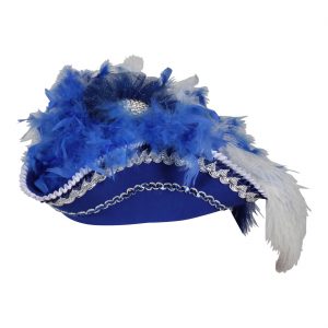 Edelleute / Piraten Dreispitzhut Gardehut mit Federn und Applicationen PREMIUM CLASS blau-silber