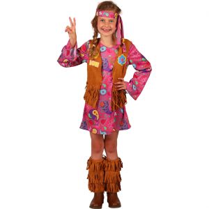 70er Jahre Hippiegirl Kinderkostüm Kleid kurz mit Fransen Stinband und Hosenschlägen Stulpen pink-braun