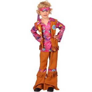 70er Jahre Hippieboy Kinderkostüm Anzug mit Fransen und Stinband pink-braun