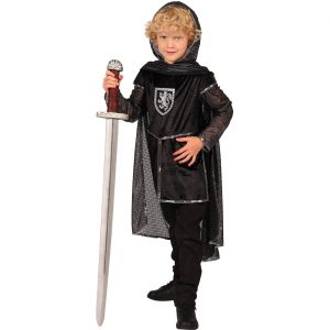 Computerspiel Assassinen Held Kinderkostüm Anzug mit Cape und Silbernem Druck DRAGONFIGHTER schwarz