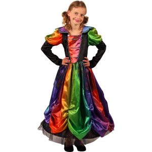 Hexe / Prinzessin Kinderkostüm Kleid lang mit Tüll Rüschen und Reifrock COLOR WITCH schwarz-bunt