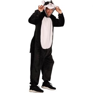 Katze Plüschkostüm Overall Plüsch Deluxe mit Kapuze schwarz-weiß