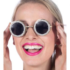 Superstars Pimp Runde Brille Metallgestell mit Strasssteinen und dunklen Gläsern gold-silber