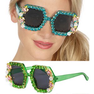 Superstars Pimp / Festival Charakterbrille Retro mit Strass und bunten Blüten sechseckig grün-bunt