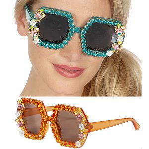 Superstars Pimp / Festival Charakterbrille Retro mit Strass und bunten Blüten sechseckig orange-bunt