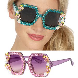 Superstars Pimp / Festival Charakterbrille Retro mit Strass und bunten Blüten sechseckig pink-bunt