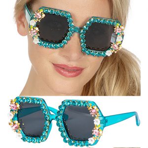 Superstars Pimp / Festival Charakterbrille Retro mit Strass und bunten Blüten sechseckig türkis-bunt