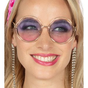 Superstars Pimp / Festival Charakterbrille Retro rund mit doppeltem Drahtrahmen und Farbverlauf lila-rosa