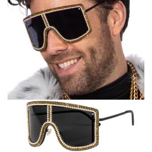 Superstars Pimp / Festival Charakterbrille Retro XL Brille durchgehend mit Strasssteinen braun-gold