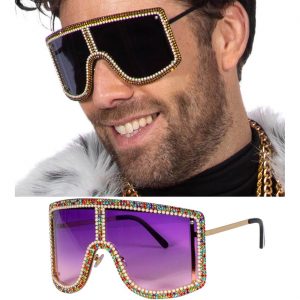 Superstars Pimp / Festival Charakterbrille Retro XL Brille durchgehend mit Strasssteinen lila-bunt