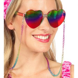 Herzen / Hippies Motivbrille metallic verspiegelt mit Kette regenbogen