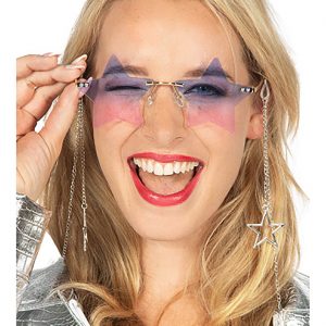 Superstars Pimp / Festival Charakterbrille Retro in Sternenform mit Farbverlauf und Ketten lila-rosa