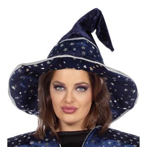 Hexen Zauberer Hexenhut aus Samt mit Sternen passend zu Kleid oder Mantel dunkelblau-silber