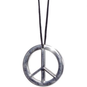 70er Jahre Hippie Peacezeichen Halskette mit Anhänger aus Metall mit schwarzem Textilband Deluxe silber