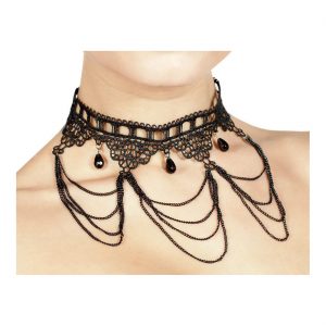 Edeldame Gothic Halsband Spitzenhalsband mit Ketten und Perlen schwarz