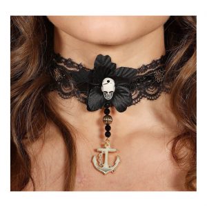 Piratin Halsband mit Anhänger Anker und Schädel Spitzenhalsband schwarz-gold