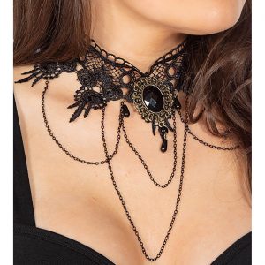 Edelleute Vintage / Gothic Halskette Collier Halsband aus Spitze mit Ketten und gefasstem Stein schwarz-bronze