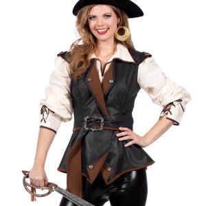 Mittelalterliche Dame / Piratin Jacke mit Gürtel Lederoptik Deluxe schwarz-braun