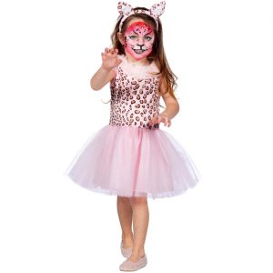 Leopardin Kinderkostüm Kleid kurz mit Tüll und Ohren braun-rosa