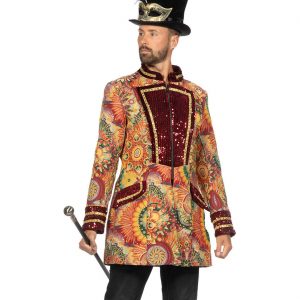 Edelherr / Zirkusdompteur Jacke Gehrock Gobelin Superdeluxe mit Sonnen und Blüten orange-dunkelrot