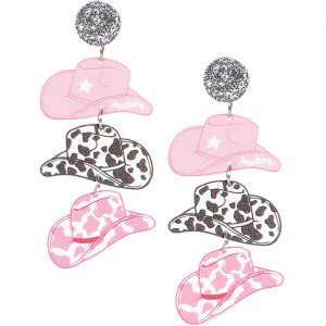 Cowgirl Cowboy / Festival Ohrringe mit Glitzer Motiv Coboyhut drei übereinander rosa-schwarz