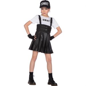 SWAT Mädchen Kinderkostüm Kleid kurz S.W.A.T. Deluxe mit Fanggurten schwarz-weiß