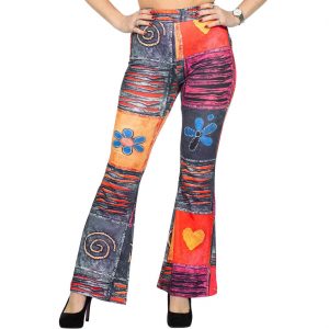 70er Jahre Hippiegirl Schlaghose lang mit Elastan Motiv Patchwork bunt
