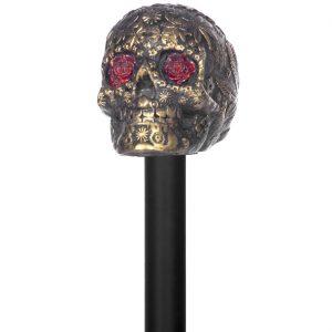 Schädel mit Blumen D.d.l.M. Spazierstock mit roten Rosen schwarz-gold