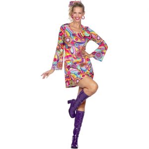 70er Jahre Hippiegirl Kostüm Kleid kurz Motiv Rosa Blumen bunt