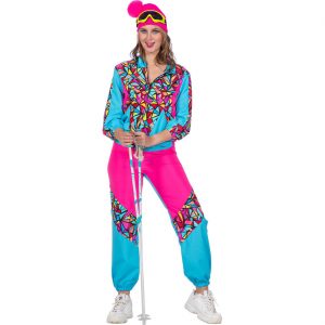 80er Jahre Skianzug Kostüm Anzug wie Trainingsanzug Jogginganzug Retro Dame neonpink-türkis