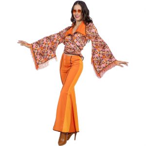 70er Jahre Hippiegirl Kostüm Anzug Schlaghose und Wickelbluse mit Fransen Retro Deluxe orange-rosa