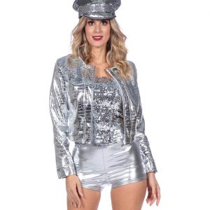 Showgirl / Festival Jacke mit Krokodillederprint Prägeoptik metallic silber