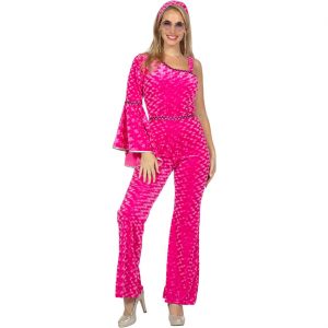 Superstars ABBA Dame Kostüm Overall aus geprägtem Samt asymmetrisch geschnitten Disco Catsuit pink-silber