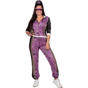 80er Jahre Jogginganzug Kostüm Anzug mit Leomuster und goldener Borte Pink Panther Damen pink-schwarz
