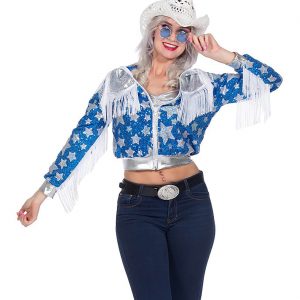 Cowgirl / Superstar mit Sternen Jacke Paillettenjacke Glamour mit Fransen blau-silber