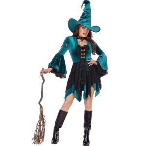 Hexen Zauberer Kostüm Kleid kurz gezackt aus Samt Superdeluxe mit Spitze dunkeltürkis