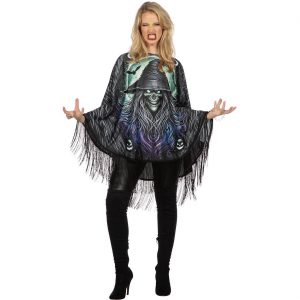 Hexen Zauberer Kostüm Poncho Überwurf mit Fransen und Hexenschädel Zaubererschädel schwarz-bunt