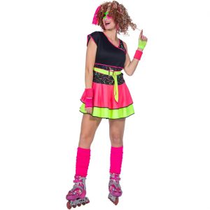 80er Jahre Dame Kostüm Kleid kurz mit asymmetrischer Schulterpartie neonbunt