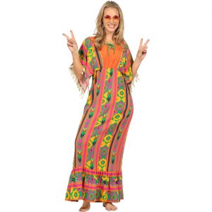 Hippiegirl / Afrikanerin Kostüm Kleid lang mit Fransenborte gemustert orange-bunt