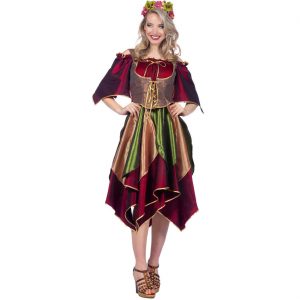Elfe Fee Kostüm Kleid halblang Waldfee Deluxe dunkelrot-grün